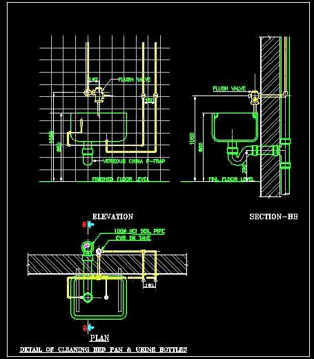 Bed Pan Washer Plumbing Plan- AutoCAD DWG with Pipe Details